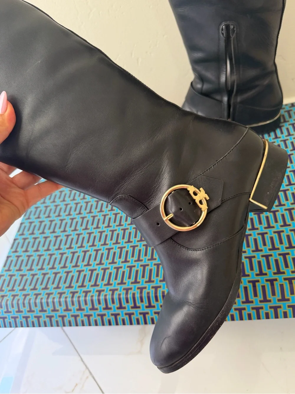 Tory Burch Black Leather Over-the-Knee Boots with Gold Buckle